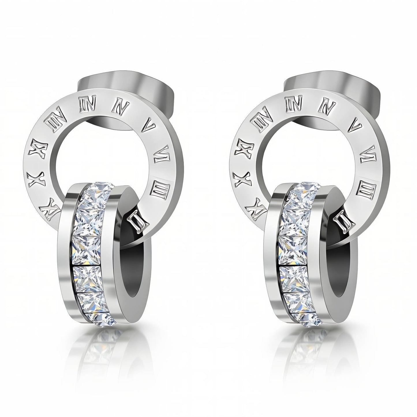 Double Circle Sparkle Earrings, Stainless Steel