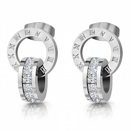 Double Circle Sparkle Earrings, Stainless Steel